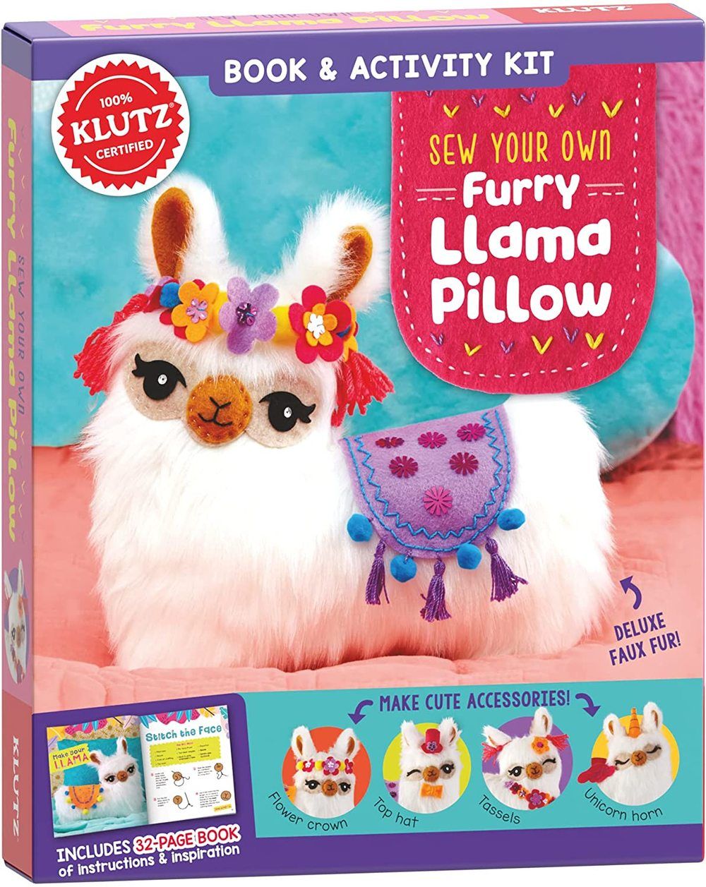 klutz sew your own furry llama pillow craft kit isolated on white background