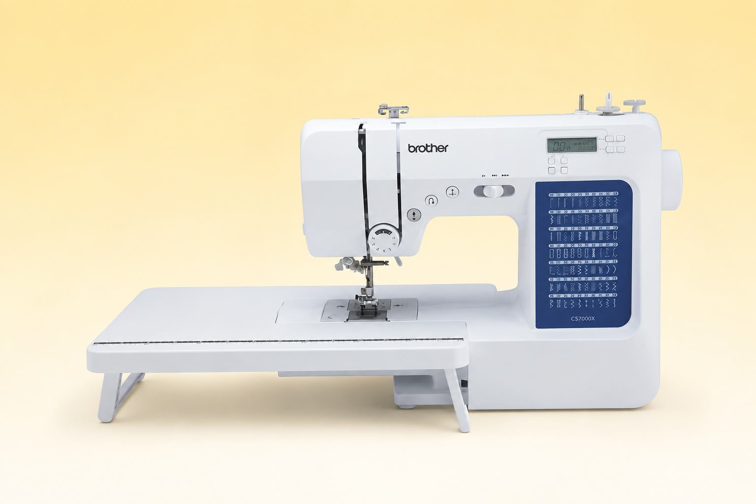 Brother CS7000X sewing machine on a soft yellow background